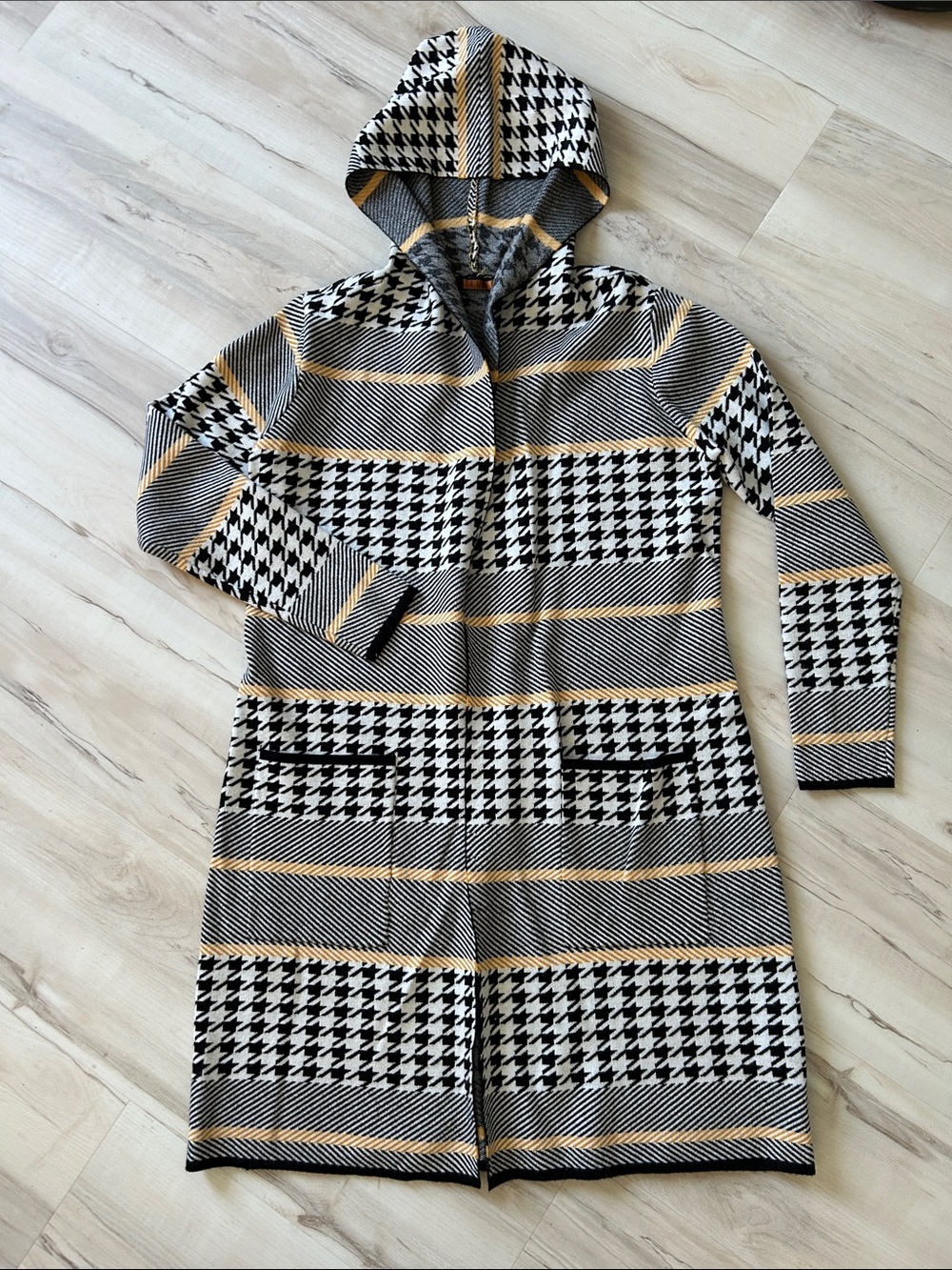 Belldini Black, White & Mustard Hooded Long Cardigan
